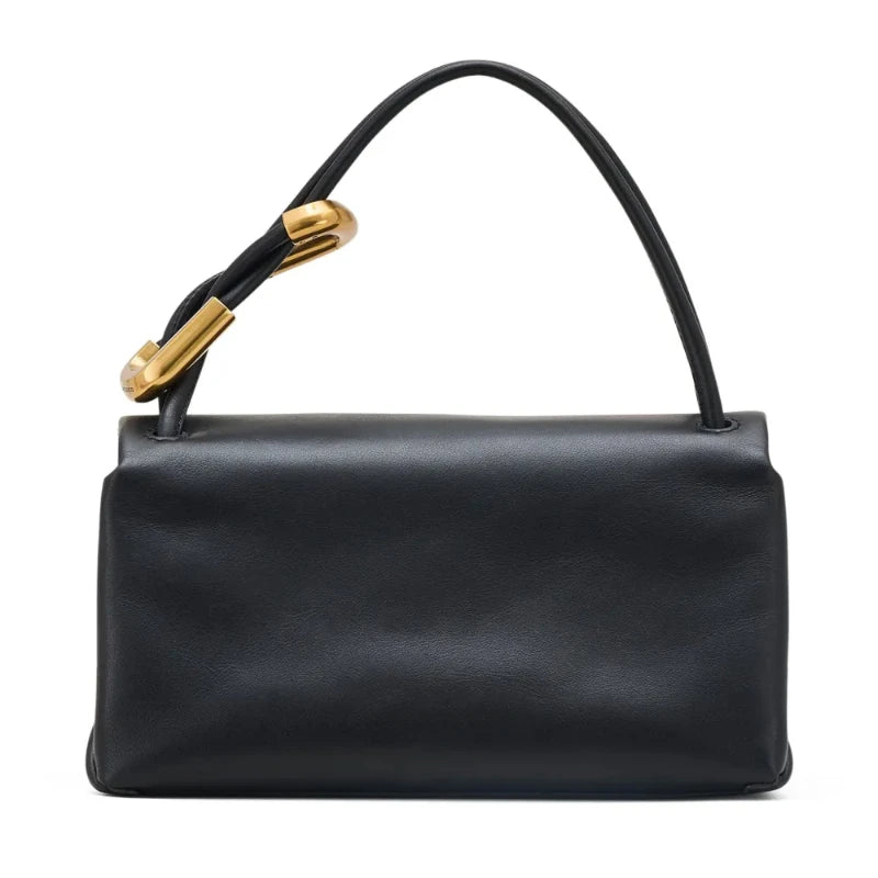Bolsa Baguete Feminina de Couro Genuíno com Fecho Dourado