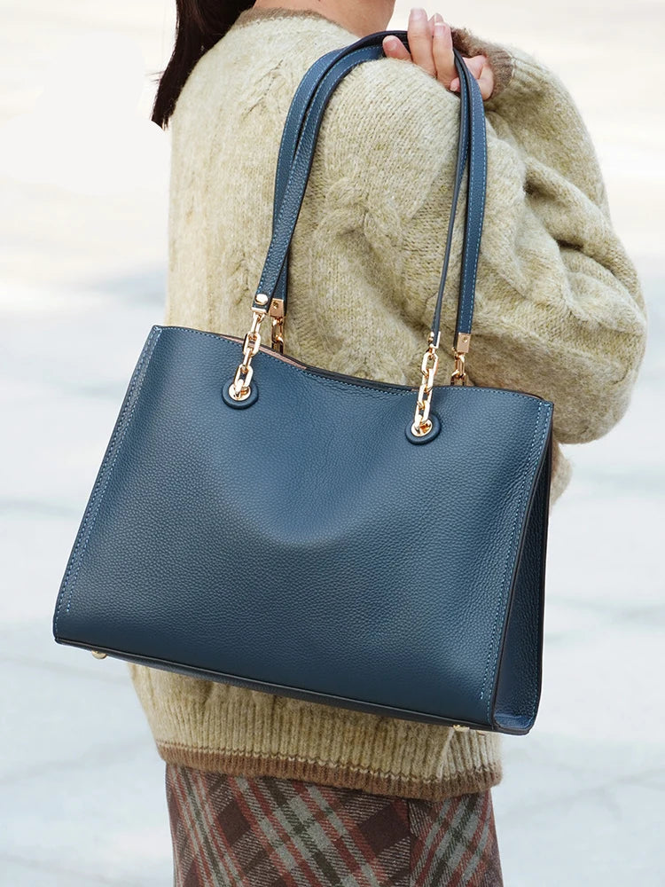 Bolsa Tote Feminina de Couro Azul Luxuosa